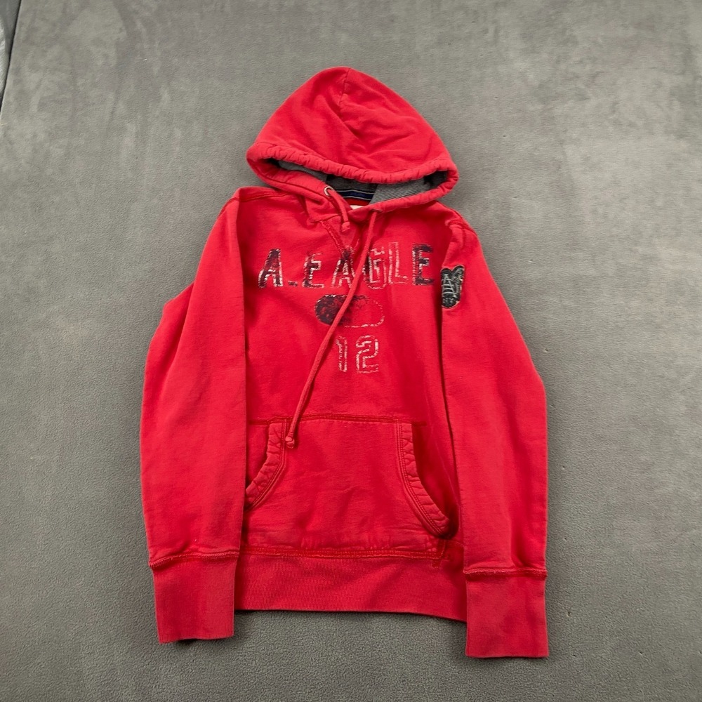 Vintage Y2K American Eagle Outfitters Hoodie Sz XS Red Graphic Logo Fleece Lined